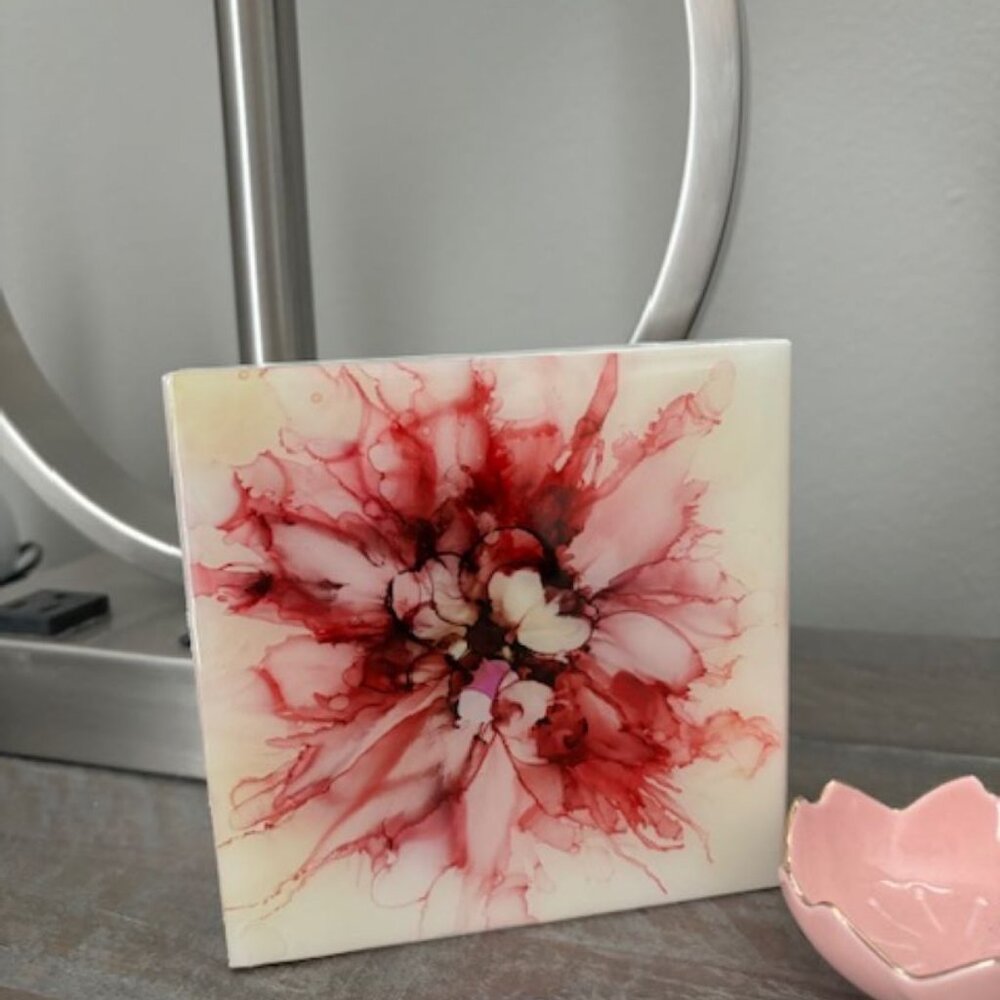Pink and Purple Frilly Flower, Alcohol Ink On Wood With Resin